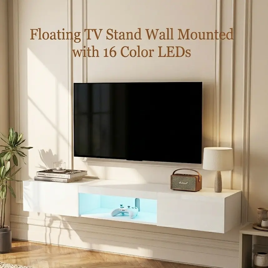 63-Inch White Floating TV Stand - Wall Mounted Television Console Table with 16 RGB LED Lights (4 Dynamic Flashing Modes, LED Ambiance), Stable Entertainment Center for 55-65 Inch TVs, Modern Storage Shelf for Living Room Gaming, 63 Inches