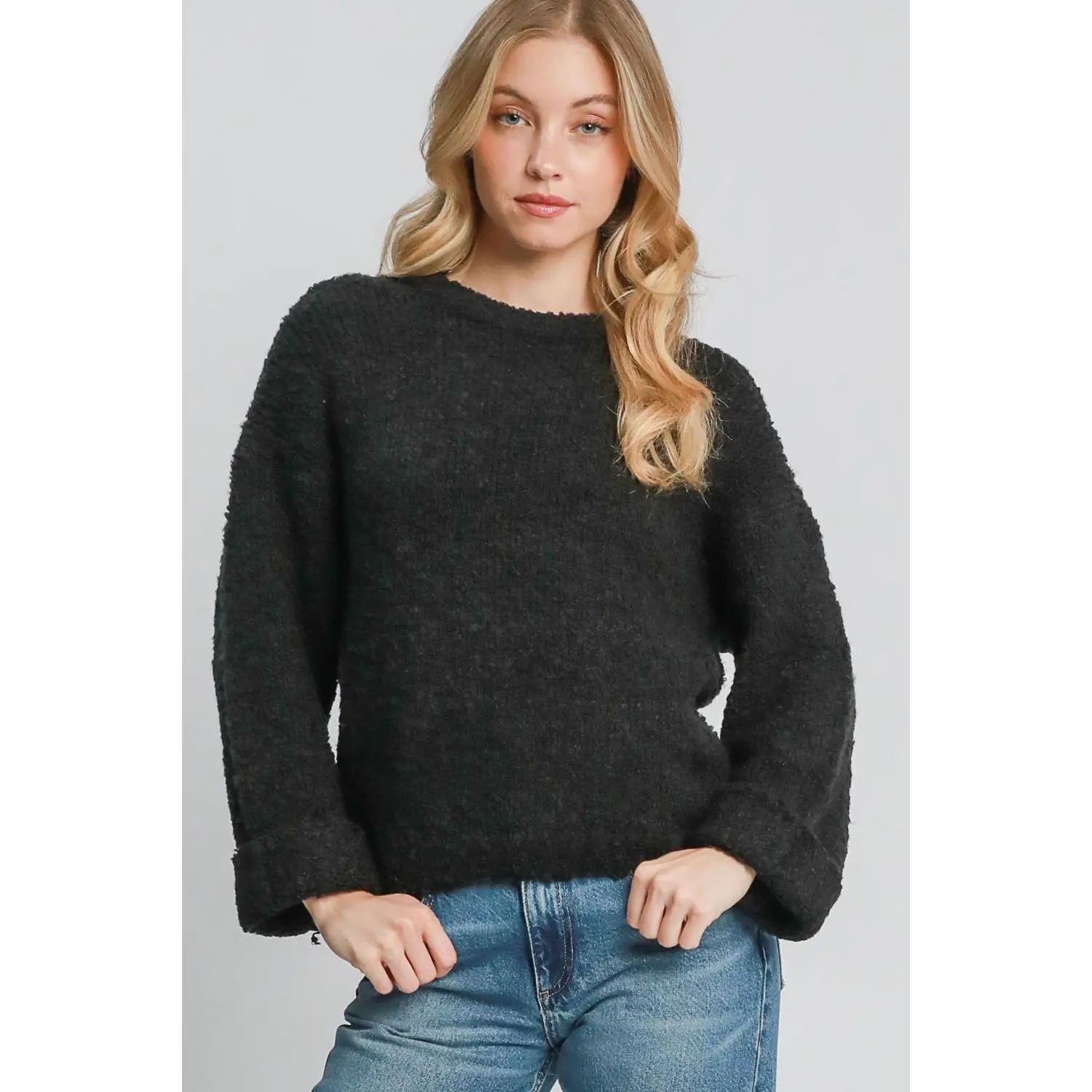 Umgee Full Size Round Neck Long Sleeve Boucle Sweater Plus Size
