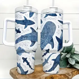 Ocean Life Kids Tumbler 40oz Large Leak Proof Stainless Steel Travel Mug Handle Whale Shark Sea Creatures Fun Design Keep Drinks Hot 12 Hours Cold 24 Hours Ideal for School Home Outdoor