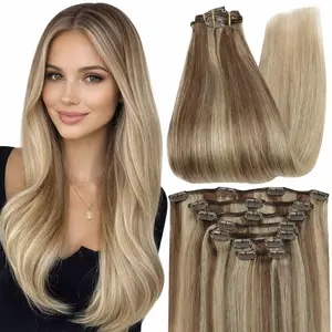 Full Shine Clip in Hair Extensions Balayage Blonde Real Human Hair Clip ins for Women