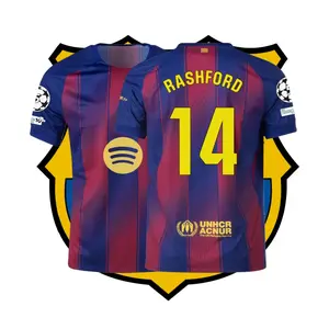 2025-26 Home Kit Rashford #14 Fan Edition Adult Short-Sleeve Breathable Quick-Dry Soccer Jersey La Liga (Champions League Armband)
