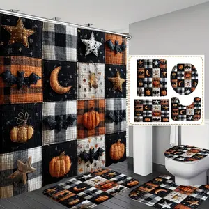 Halloween Pumpkin Bat Moon Star Print Shower Curtain Set, Includes Hooks, Non-Slip Bath Mat, U-Shaped Rug, Toilet Lid Cover, Home Decor