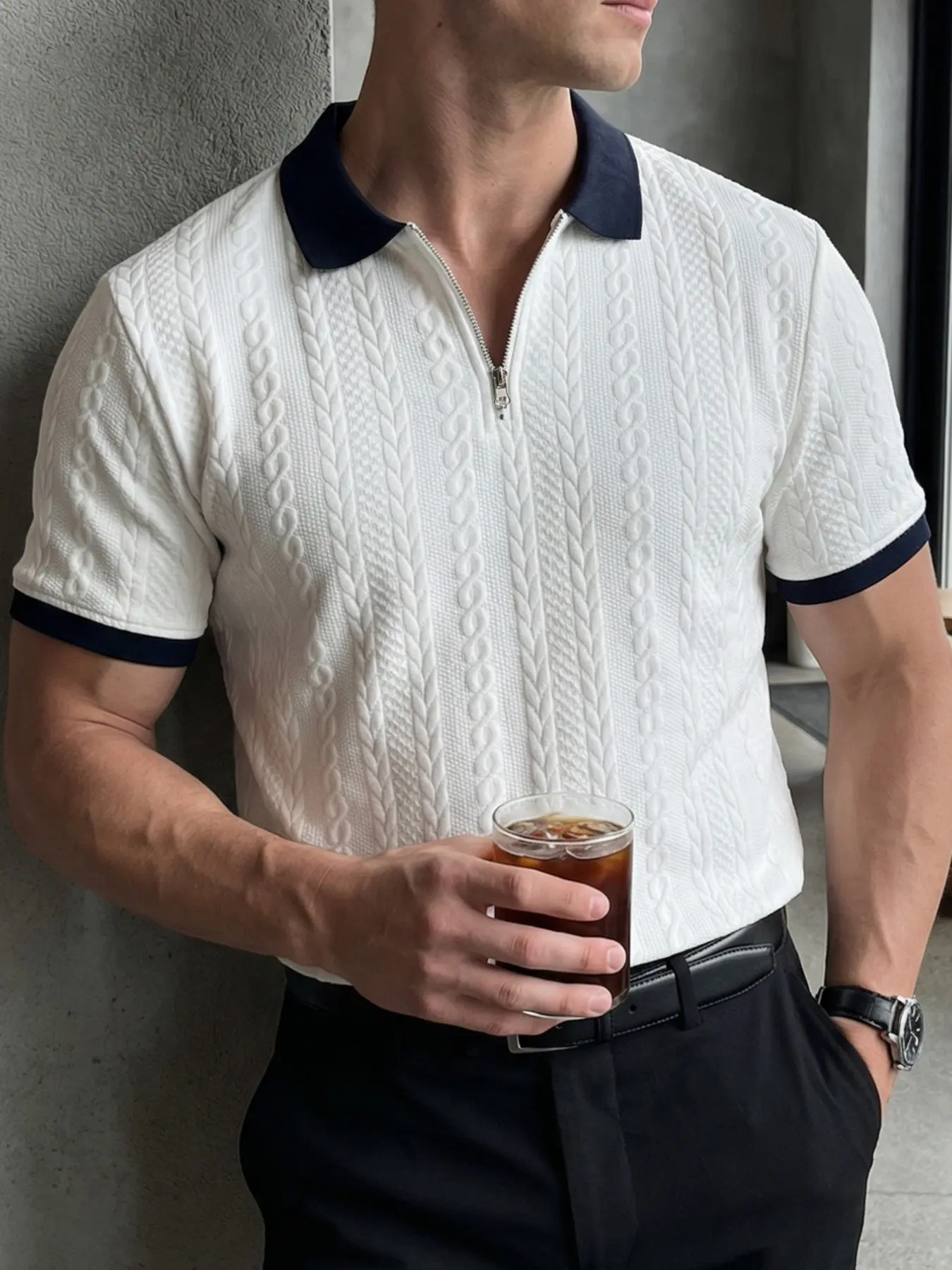 Men's Summer Textured Polo Shirt Top, Collared Polo Shirt, Zipper Polo Shirt, Menswear, Aesthetic, Contrast Half-Zip, Casual Style, Perfect for Daily Commute, Travel, Vacation, Urban Mature Look