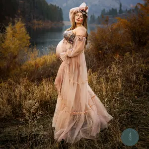 Tulle Floral Embroidered Front Slit Dress Maternity and Non-maternity Gown Photography Dress Evening Party Baby Shower for Photo Shoot