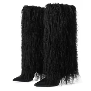 EROCALL  Fur Knee High Boots for Women Pointed Toe Stiletto Heel Fashion Wide Calf Long Booties  Kitten Heel Pull On Solid Color Boots Ladies Boots Nightclub Dress