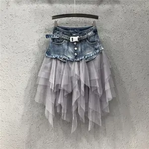 ZZGY  Summer mesh stitching high waist slim fit all match denim skirt for women