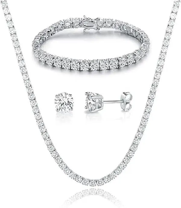 [Unisex] Gemsme Tennis Necklace/Bracelet/Earrings Sets Pack of 3 Round Cut 4 Prongs Cubic Zirconia Waterproof For Women For Men Hypoallergenic Birthday Jewelry Set