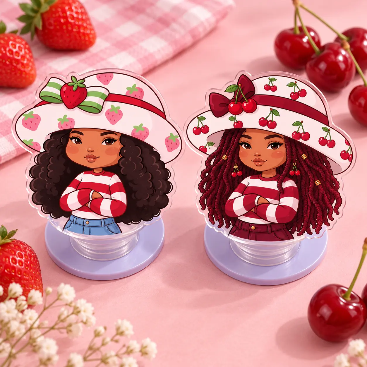 Cute Strawberry Cherry Girl Hat Acrylic Magnetic Phone Grip - Removable Holder Stand