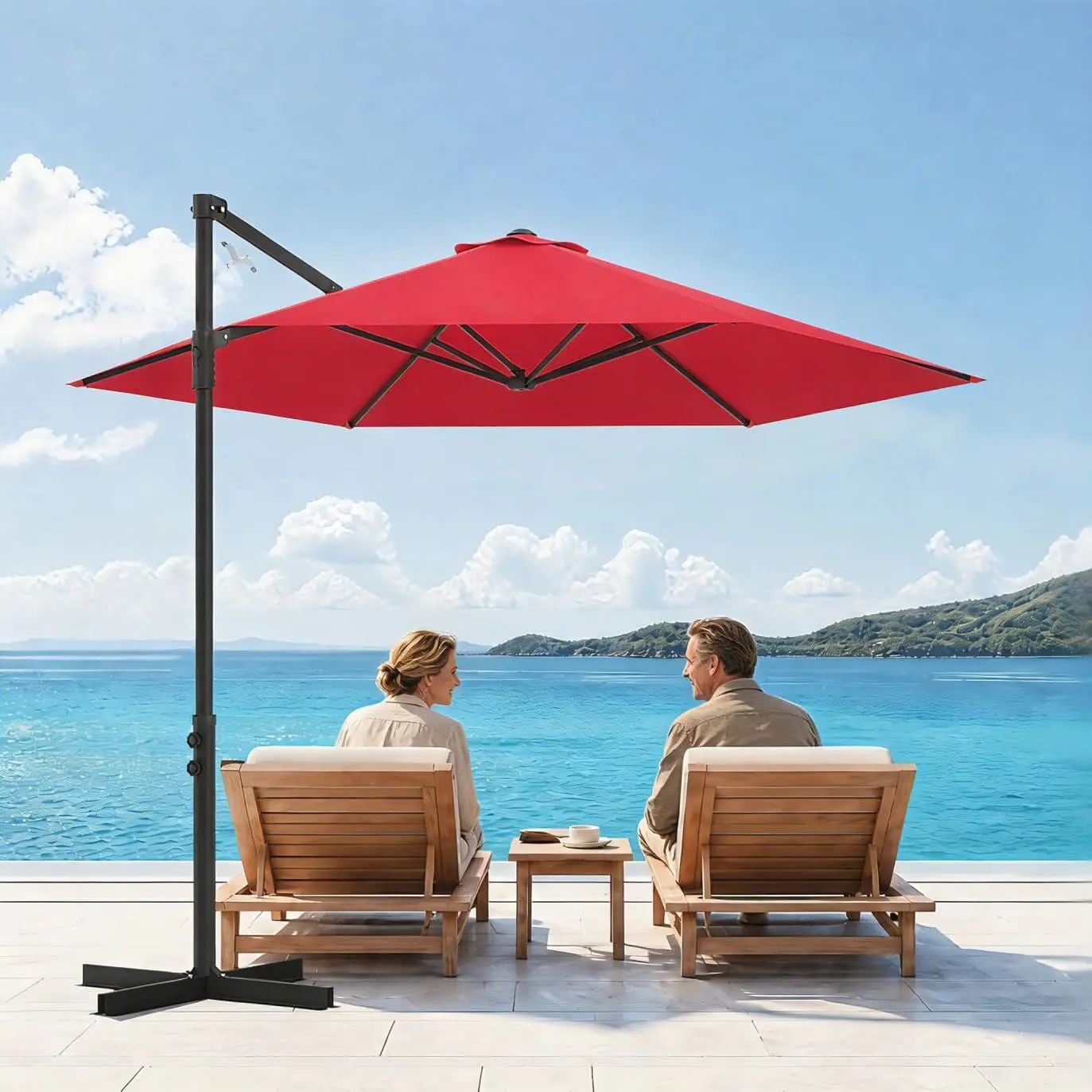 GARVEE 9ft Cantilever Patio Umbrella with Base, Offset Hanging Outdoor Umbrella with 3-Section Pole, UV Protection, Easy Tilt & Easy Crank System for Garden, Poolside