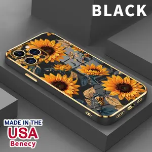Case for iPhone 15 Pro Max 16 14 Plus 13 12 11 X XS Max XR Vintage Sunflower Luxury Golden Edge Elecroplated TPU Camera Lens Protection Mobile Phone Cover Gift for