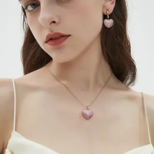 Pink Heart Jewelry Set for Women, 14K Rose Gold Plated Cubic Zirconia Necklace Stack Earrings Ring, Dainty Collarbone Chain Niche Design, Light Luxury Everyday Wedding Party Jewelry Gifts VITARING