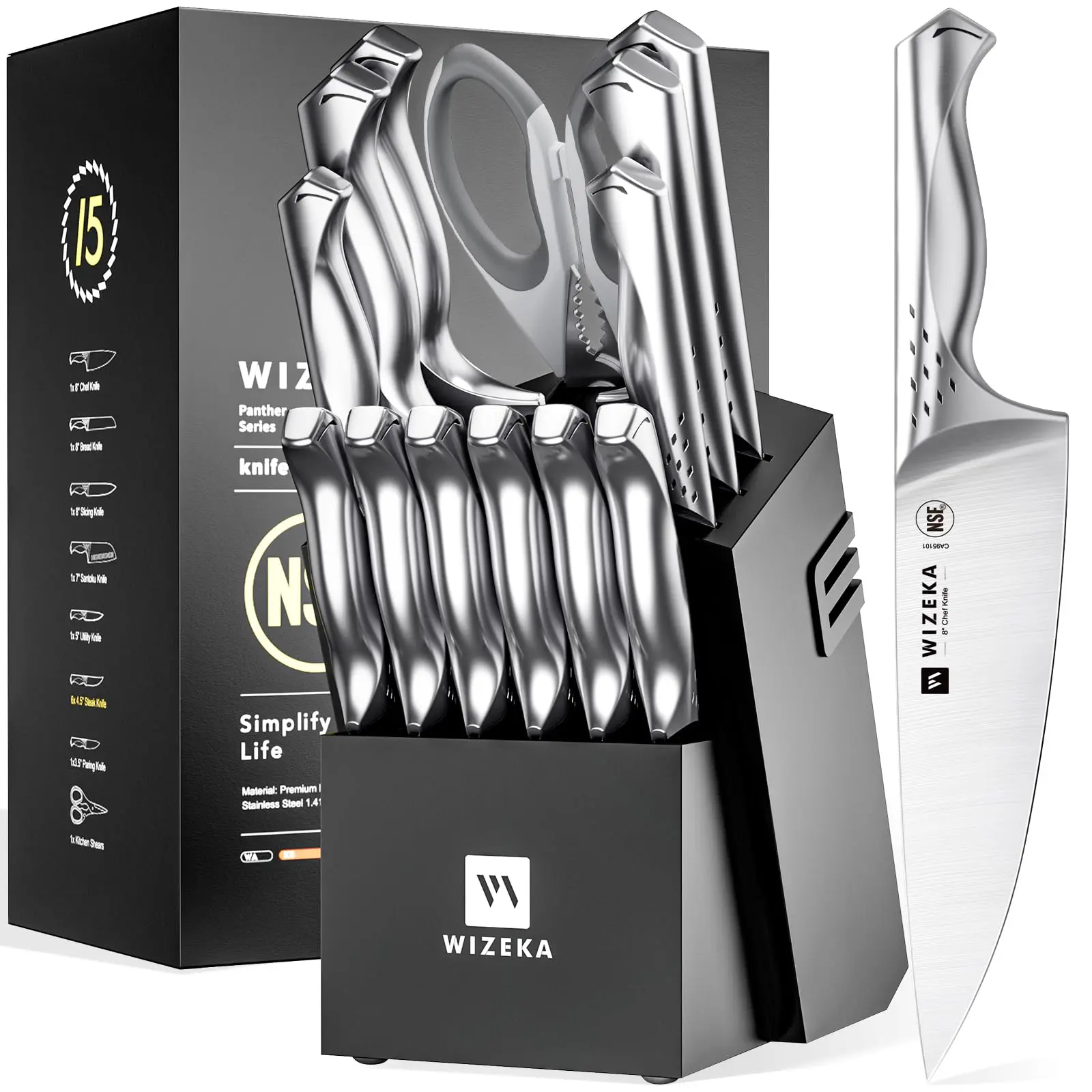 WIZEKA 15-Piece Thick Kitchen Knife Block Set with Modern Storage Block, Sharpener, Dishwasher-Safe Food-Grade Steel Cutlery, Professional Chef & Slicer Knives, Ideal for Home Cooks, Christmas/Birthday/Wedding Gifts, Utensils