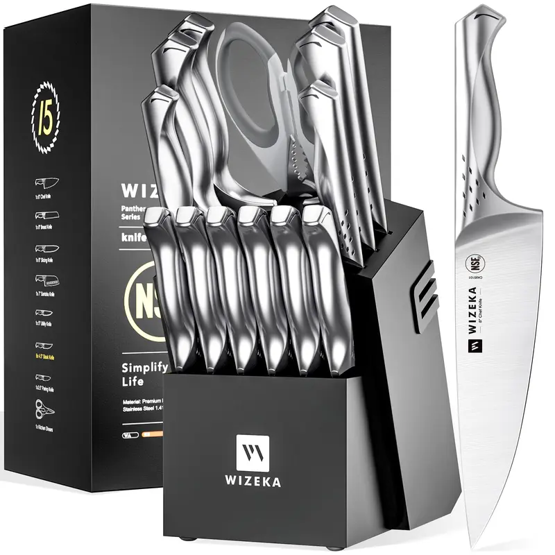 15-Piece Modern Thick Wood Kitchen Knife Block Set with Storage - NSF Certified Ergonomic Knives Kitchen Set, 1.4116 Steel, Sharpener, Dishwasher Safe, 15° Effortless Precision Cuts, Chef/Slicer Utensils, Gift for Home Cooks (Birthday, Thanksgiving)