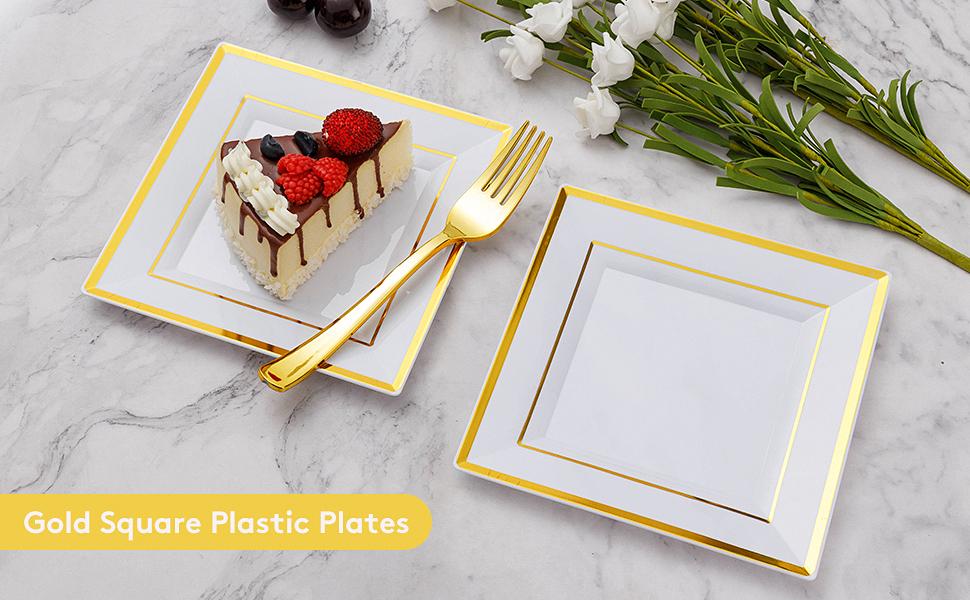 120PCS 6.5"Square Gold Glitter Dessert Plastic Plates with 7.4"Forks, Gold Appetizer Plates for 60 Guests, Including 60 Disposable Cake Plastic Plates and 60 Forks for Wedding/Birthday Party 120PCS 6.5"Square Gold Glitter Dessert Plastic Plates with 7.4"Forks, Gold Appetizer Plates for 60 Guests, Including 60 Disposable Cake Plastic Plates and 60 Forks for Wedding/Birthday Party