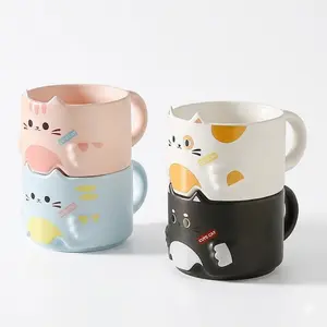 Aesthetic ceramic coffee mug set of 4, stackable 11 oz tea cups with space-saving metal storage rack, minimalist porcelain espresso latte mug set, cute kitchen counter and home café decor (cream white)