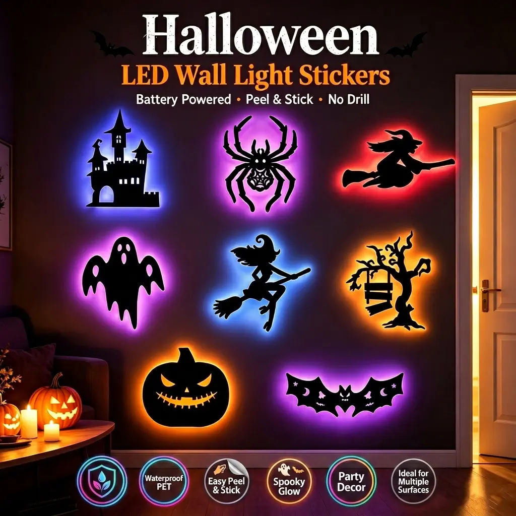Halloween LED Silhouette Wall Decor, Peel & Stick Battery Powered Lights, No-Drill Spooky Decorations for Windows, Doors & Walls, Ghost Pumpkin Witch Bat Castle Spider, 8/16/24/32 Pack