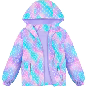 L-QE036  Girls Rain Jacket Waterproof Hooded Fleece Lined Lightweight Windbreaker Kids Windproof Jackets Raincoats Kids