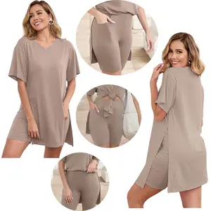 METAONLY Women Plus Size 2 Piece Outfits Short Sleeve Tunic Tops and Skinny Biker Shorts Sets Tracksuits Womenswear Bodycon Split Hem Lounge#springtok