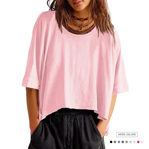 Women's Oversized Stretchy 5% Spandex Cotton Basic T-Shirt - Casual Short Sleeve Crop Top, Loose Fit Pullover, Plain, XL, for Summer Casual Outfits Women, Breathable Fabric