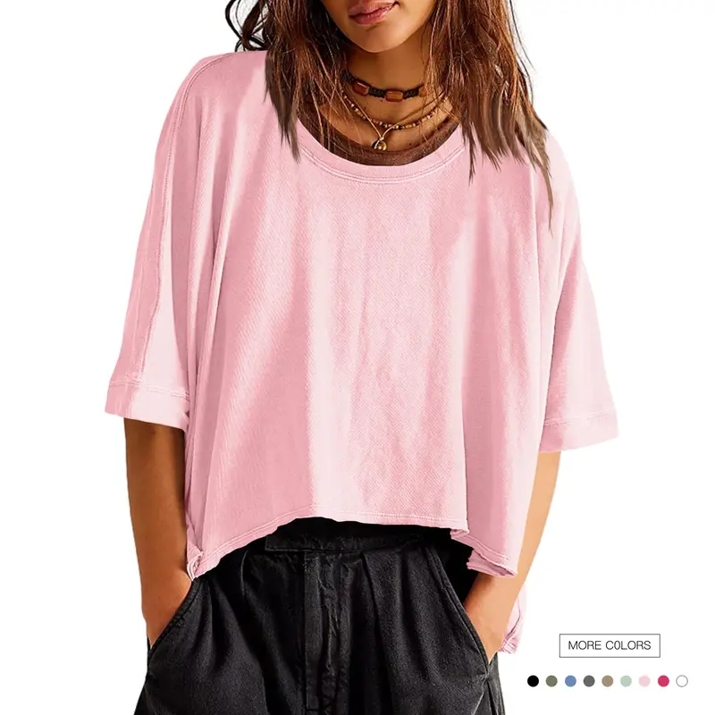 Women's Oversized Stretchy 5% Spandex Cotton Basic T-Shirt - Casual Short Sleeve Crop Top, Loose Fit Pullover, Plain, XL, for Summer Casual Outfits Women, Breathable Fabric