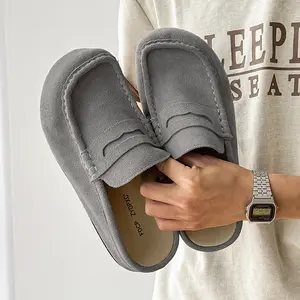 Men's Genuine Leather Retro Casual Mule Shoes Slip On Suede Lazy Style Half Back Shoes