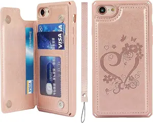 Compatible with iPhone SE 2022/SE 2020/7/8 Phone Case with Card Holder, Wallet Case for Women, RFID Blocking Embossed PU Leather Wrist Strap Case