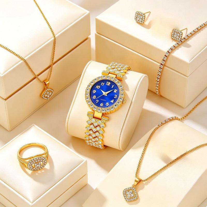Blue Dial Crystal Watch & Jewelry Set | Full Bling 5-Piece Gold-Tone Stack