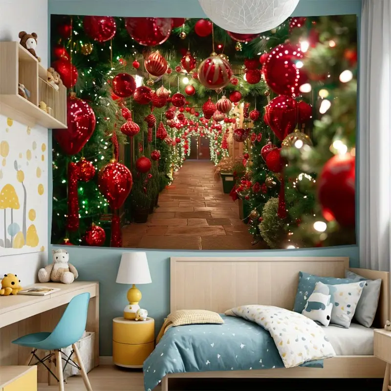 Christmas Decorative Wall Tapestry: Festive Red and Green Hanging for Living Room, Office, and Party Decoration -No Electricity Required Ornaments