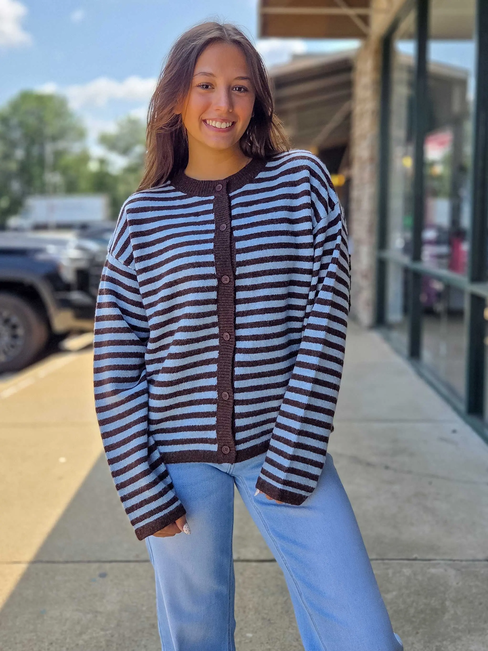 Women's Striped Button Front Knit Cardigan Oversized Drop Shoulder Long Sleeve Sweater Soft Casual Fall Layering Top