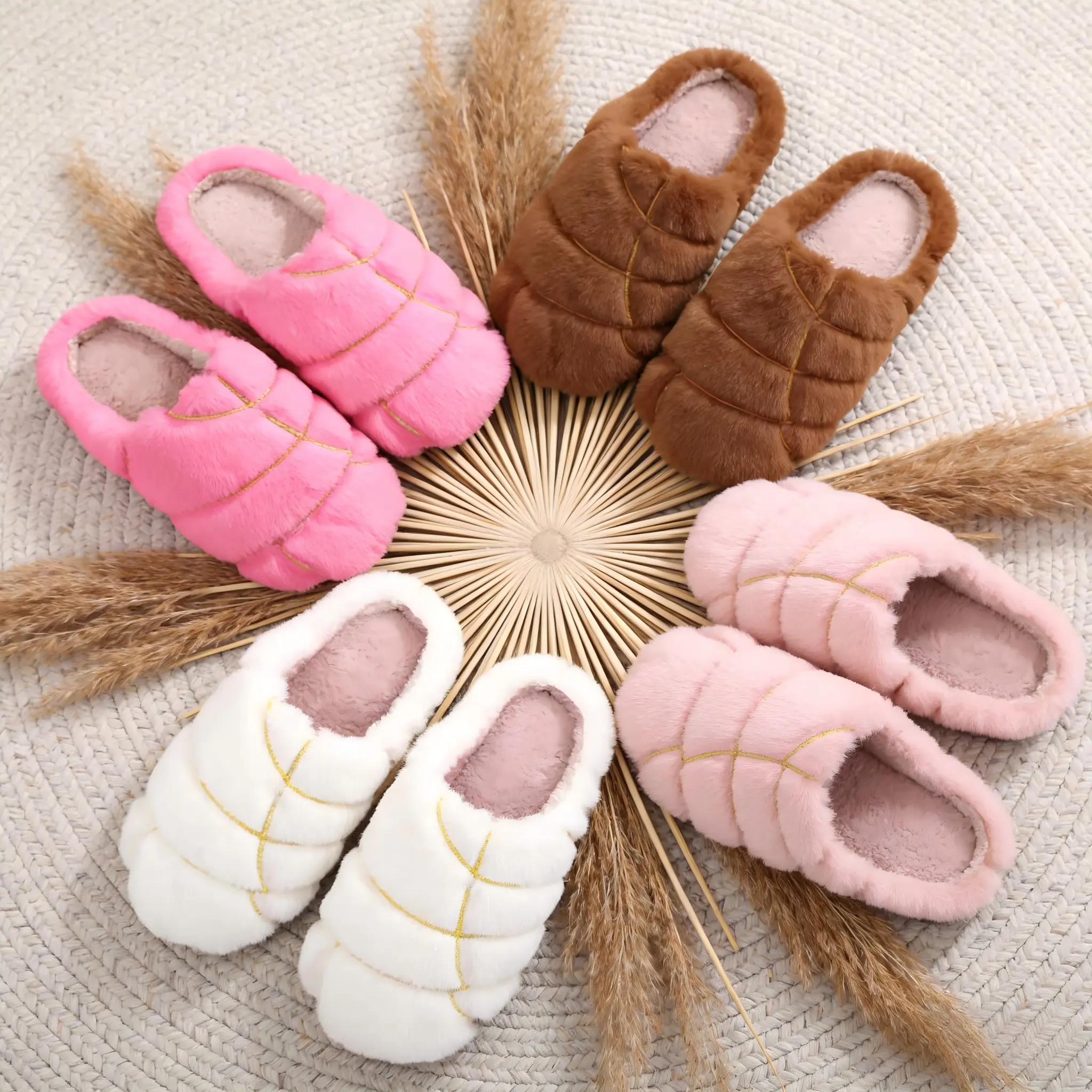 Unisex Concha Bread Fuzzy Warm Slippers, Plain Fabric Round Toe Ankle Booties with a Lightweight Non-Slip Sole, Slippers For Women, Breathable Cloth, Simple Round Toe, Antislip Women's Fashion Slippers