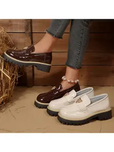 4cm Platform Loafers for Women, Patent Leather Lion Head Buckle Shoes, 1.57in Height Increasing Office & Dating Casual Shoes