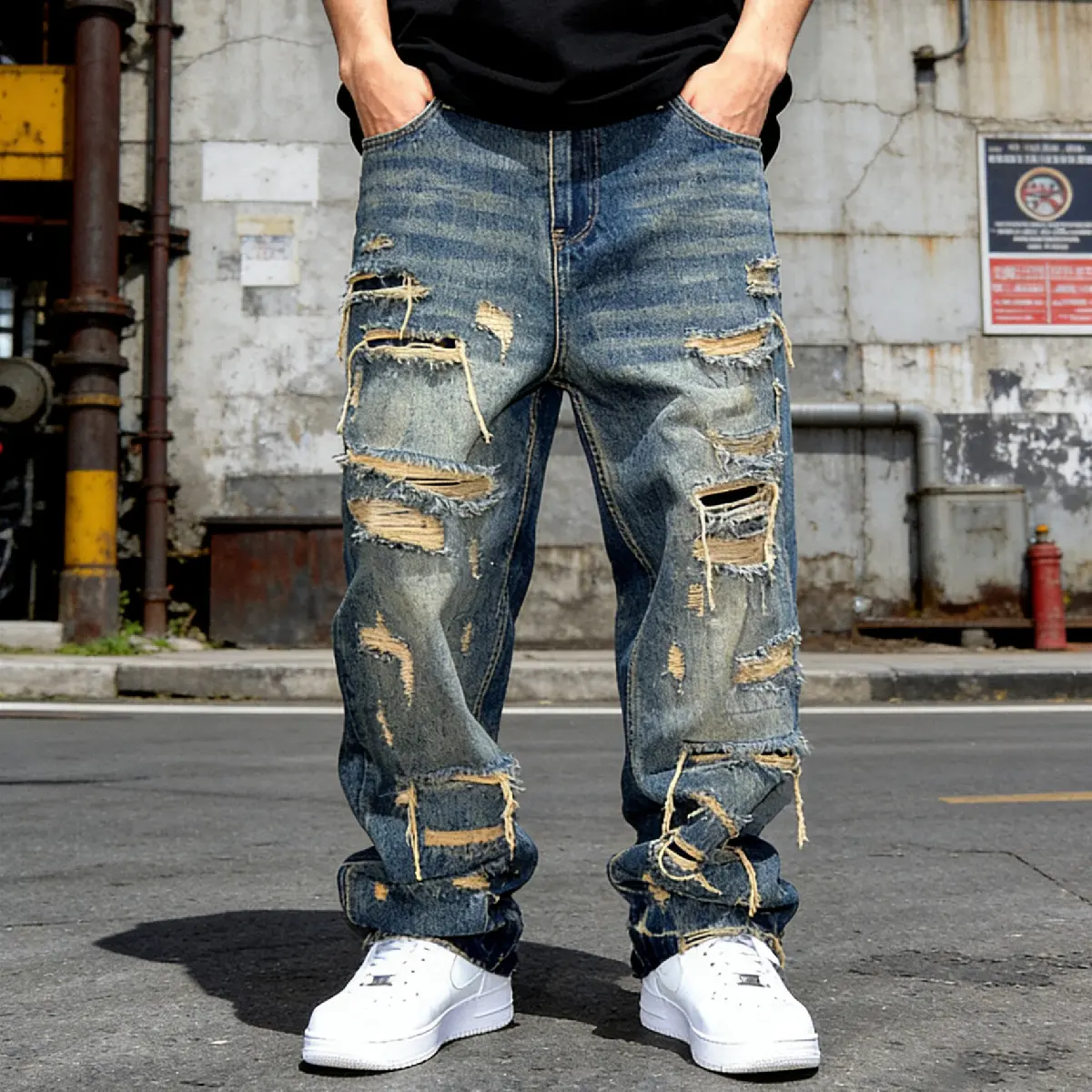 YYT1 Men's Ripped Distressed Straight Baggy Jeans - Breathable Wear, Heavy Denim, Loose Cut, Ripped Detail, Vintage Wash, Plain Solid Color Casual Streetwear Trousers, Distressed Jeans, Casual Pants