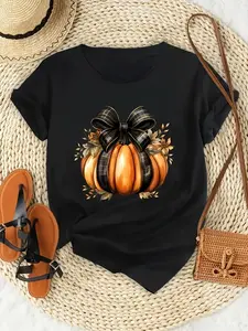 Women's Pumpkin Print T-Shirt - Black T-Shirt with Orange Pumpkin Print - Soft and Breathable Fabric, Suitable for Everyday Wear and Halloween Costumes - Casual Loose Fit - Machine Washable - Autumn Party Top, Seasonal Fashion, Autumn Theme