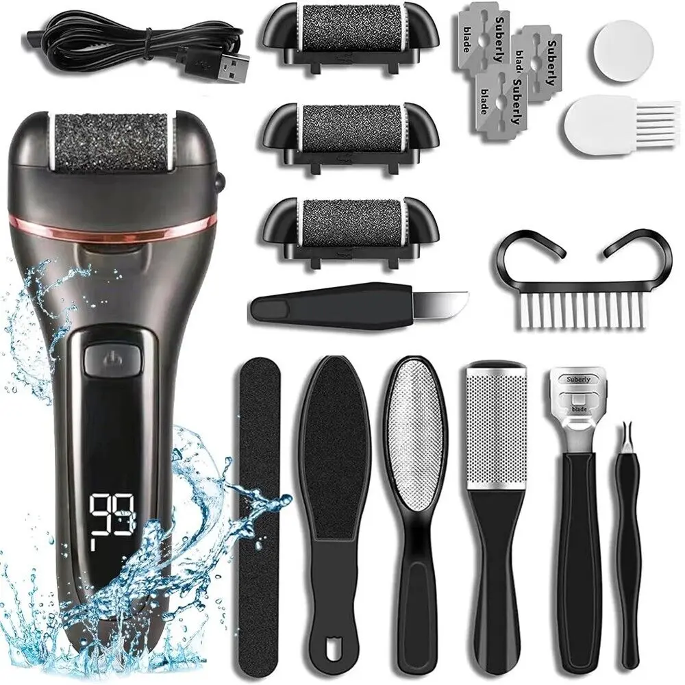 Electric Callus Remover for Ft, 18-in-1 Portable Waterproof Pedicure Kit with 3 Roller Heads, 2 Speeds, for Cracked Heels, Calluses, Dead Skin & Hand Scrubbing#