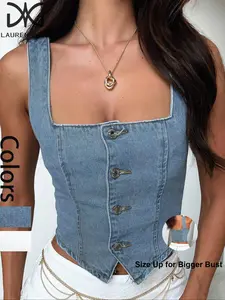 Size Up for Bigger Bust – Women’s Denim Corset Top, Slim Fit V-waist Button Crop Vest with Stretch Back, Y2k Sleeveless Tank, Casual Tank Top for Summer & Fall