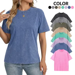 Women’s American vintage distressed washed short-sleeve T-shirt, 100% cotton, loose fit, crew neck, solid color, versatile top