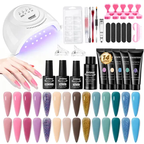 JEWHITENY 14 Colors Poly Extension Gel Nail Art Starter Kit - 1*48w Nail Lamp, 1*Base Coat, Top Coat, Low Odor At-Home Manicure Set, Affordable Gift for Adults