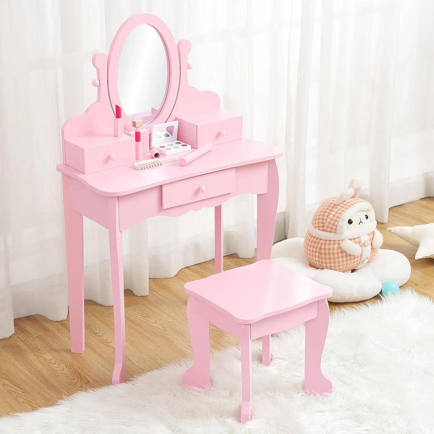 Child-Sized MDF Wood Makeup Dressing Table Vanity Set - White Pink Rectangular Indoor Table, Adjustable Mirror, Drawer, Princess Stool, Vanity Organizer, Dress-Up Play Furniture for 4-9 Yr Old Girls, Delightful Gift for Birthdays or Christmas, Playroom, 3