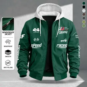 Men’s racing-style printed hooded jacket; American retro sports outerwear; windproof and wear-resistant; spring/autumn style; versatile for commuting; youth streetwear brand; zip-up design; everyday outerwear; mature casual style; slimming fit; breathable