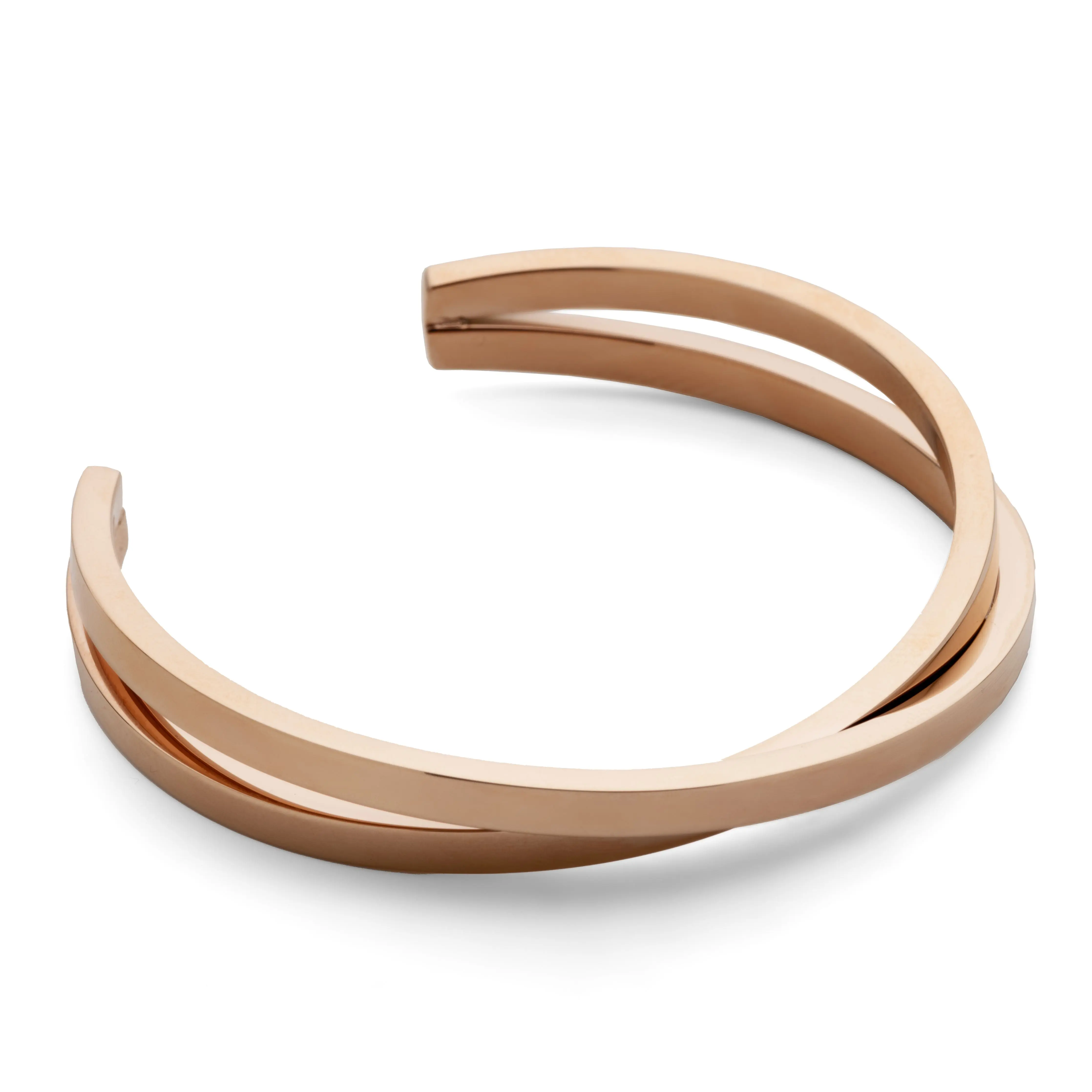Pink Gold Plated Crossover Bangle Bracelet Hypoallergenic Stainless Steel Italian Crafted Jewelry for Women Adjustable Fit 2.6 Inches Diameter