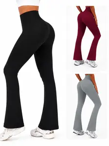 Women's Workout Sets Seamless Ribbed High Waist Bootcut Yoga Pants Tummy Control Butt Lifting Non-See-Through Flare Bell Bottom Leggings Gym Casual Active Pants Matching V-Neck Tank Top Track Singlet Sports Bra
