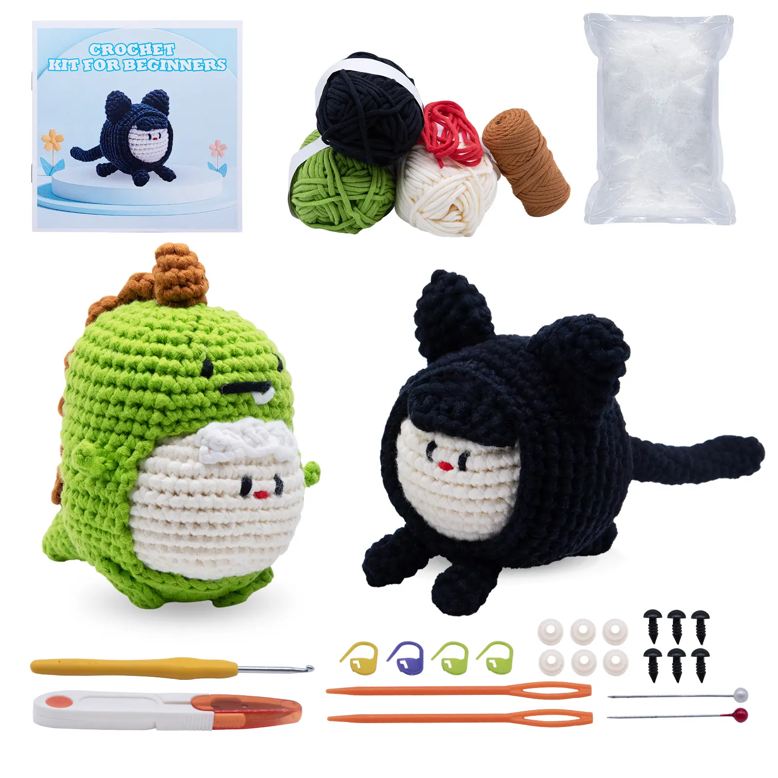 Cute Crochet Starter Kit – Soft Yarn Dinosaur & Black Cat Crochet Doll Kit for Beginners, DIY Handmade Gift & Stress Relief Craft,with Yarn, Hook, Safety Eyes & Step-by-Step Instructions