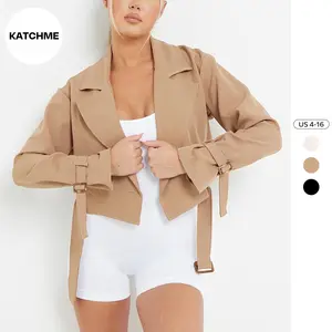 KatchMe Women's Versatile Plain Notch Lapel Belt Decor Short Jacket,Outerwear Jacket,Comfort Basic Minimalist, Comfortable Womenswear Coats Tops