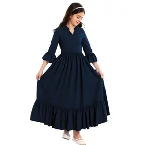 Kid Girls' V-Neck Long Sleeve Solid Color Flared Midi Dress for School, Parties, Family Outings 8-12,Ready Stock 42505039