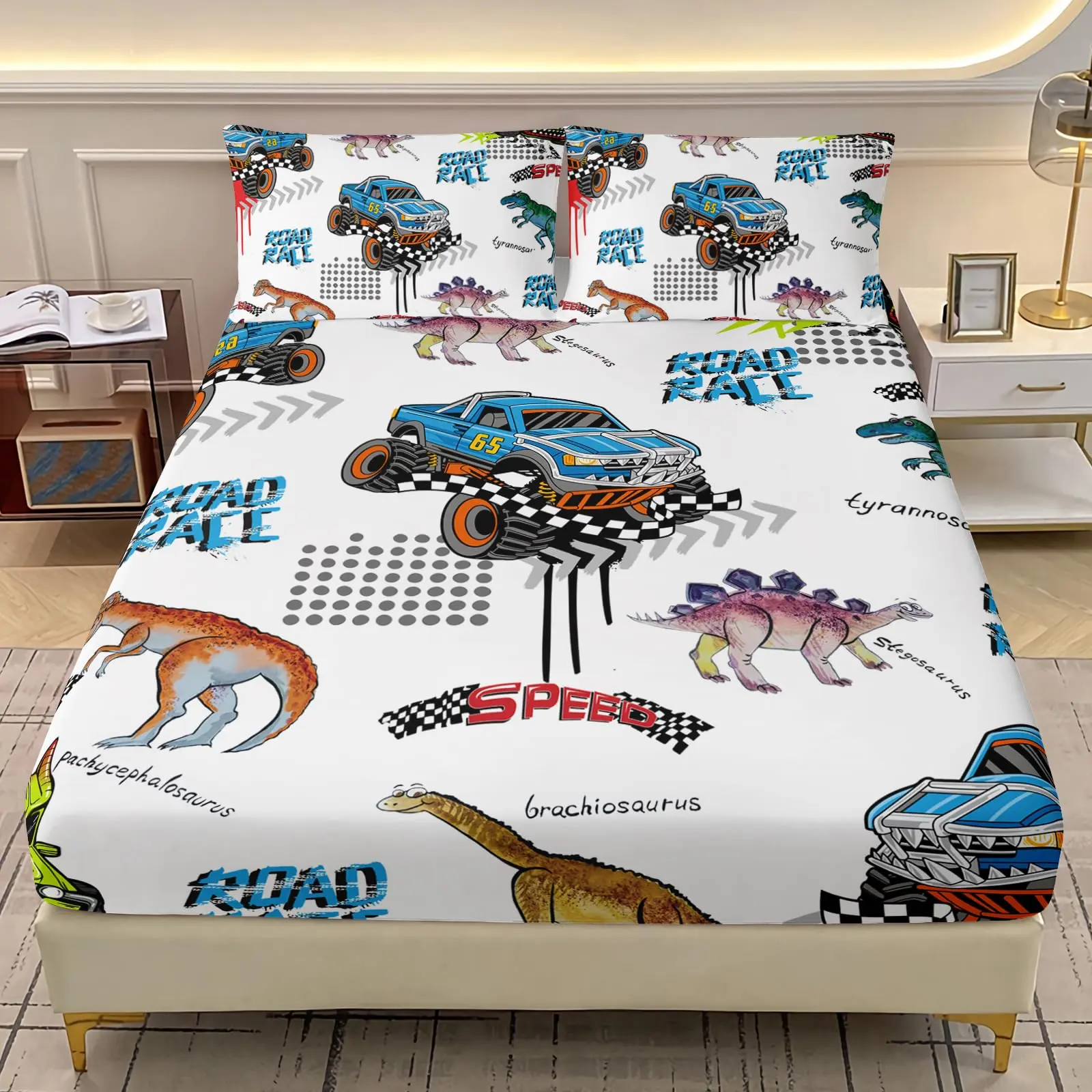 3-Piece Dinosaur Bedding Set, Includes Flat Sheet and Pillowcases, Modern Design for Bedroom Decor, Comfortable and Stylish Bed Linen, Bed Sheet Sets, Polyester Bedding Set