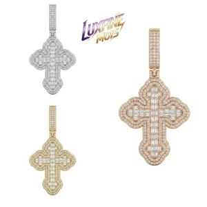 ⑤LUXFINE MOIS Iced Out Baguette & Round Moissanite Cross Pendant, 14K Gold/Rose Gold/White Gold Plated Full Paved Hip Hop Religious Necklace Pendant, Pass Diamond Tester for Men Women