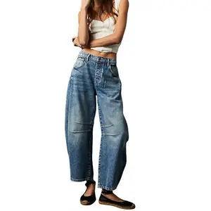 Women's mid length jeans with high waist and wide leg cut, retro denim pants, loose boyfriend jeans with pockets, suitable for blue streetwear, women's clothing