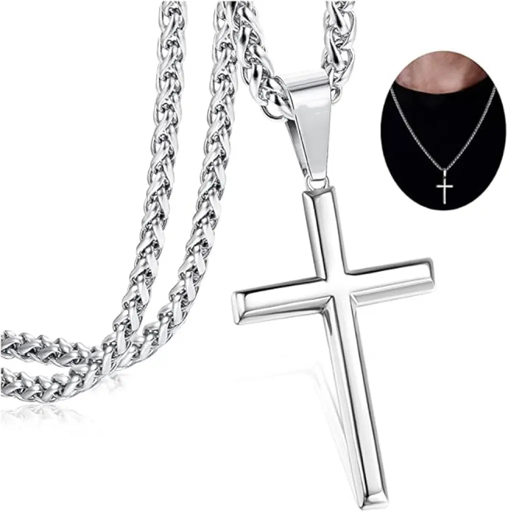 Cross Necklace for Men Women Plain Cross Pendant Necklace for Men Women Box Chain Silver Tone