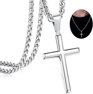 Cross Necklace for Men Women Plain Cross Pendant Necklace for Men Women Box Chain Silver Tone