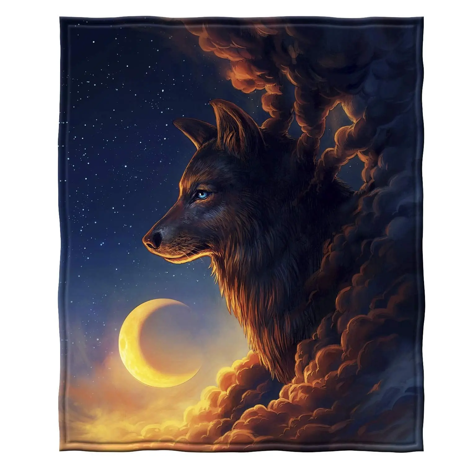 1PC Gold moon wolf pattern blanket, animal pattern blanket, throw blanket for women/men who like wolves, holiday gift, Christmas, Halloween